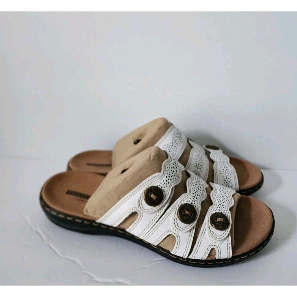 New Clarks Collection Women’s Leather Slide Sandals Leisa Grace White Size 8